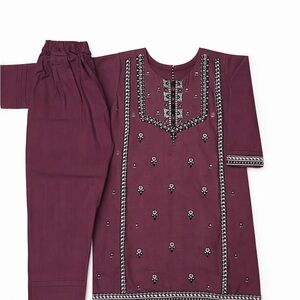 Girls Maroon Embroidered Pakistani Kurta Set | Size 4-5Years | Eid Party Outfit